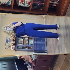 Iman Royal Blue Jumpsuit Wrapped Apperance Pleated Neckline Sleeves Hit Size L